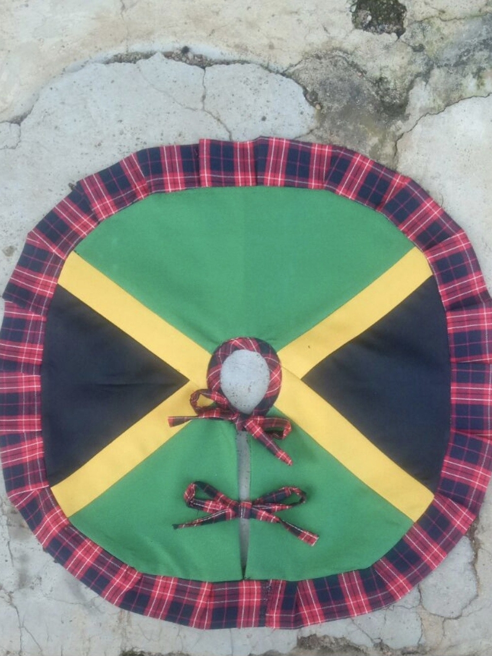 Kids Jamaican Flag Tree Skirt with Red Plaid Trim